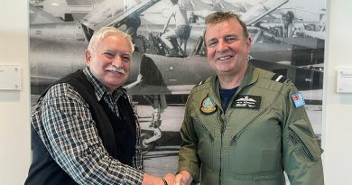 Air Commodore Pete Robinson Commander Air Combat Group (right) farewells Gary Dobe on his retirement at RAAF Base Williamtown, NSW. Story by Flight Lieutenant Rob Hodgson. Photo by Flight Lieutenant Sarah Reading.