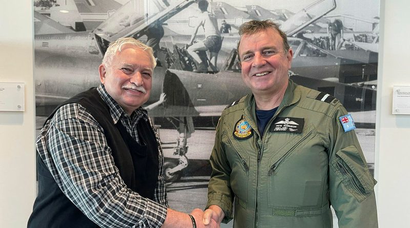 Air Commodore Pete Robinson Commander Air Combat Group (right) farewells Gary Dobe on his retirement at RAAF Base Williamtown, NSW. Story by Flight Lieutenant Rob Hodgson. Photo by Flight Lieutenant Sarah Reading.