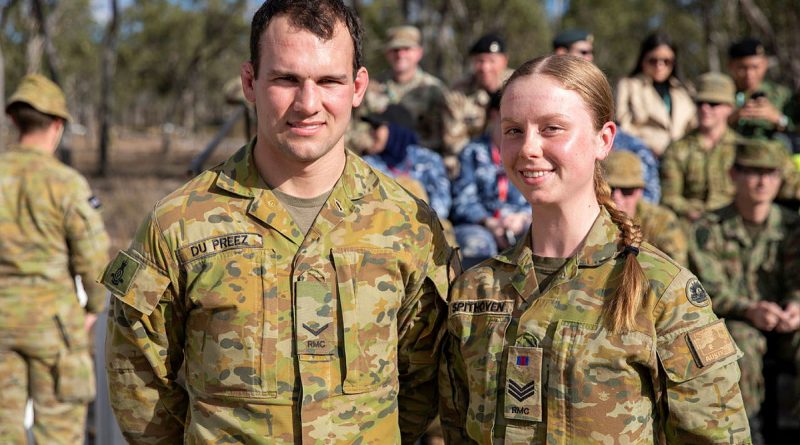 Australian Army officer trainees Staff Cadet Eric du Preez (left) and Staff Cadet Tori Spithoven from the Royal Military College at Duntroon, Canberra, during the Exercise Talisman Sabre 2023 live-fire demonstration at Shoalwater Bay training area in central Queensland. Story by Captain Evita Ryan. Photo by Staff Sergeant Ryan Wilhoit (US Army).