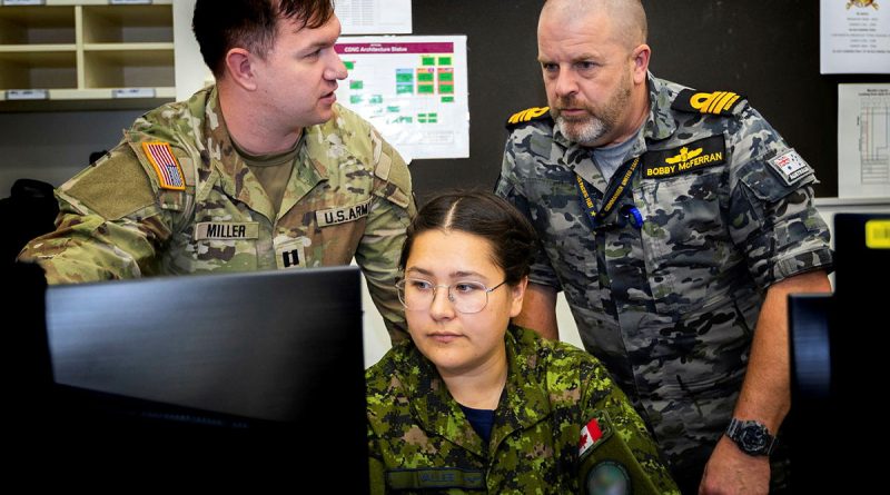 (L-R) United States Army Captain Edward Miller, Royal Canadian Air Force Corporal Julie Vallee and Royal Australian Navy Lieutenant Commander Bobby McFerran work at the Coalition Data Network Centre (CDNC) located within the Battle Simulation Centre in Gallipoli Barracks, Brisbane, in support of Exercise Talisman Sabre 2023. Story by Captain Nic Rutledge. Photo by Madhur Chitnis.