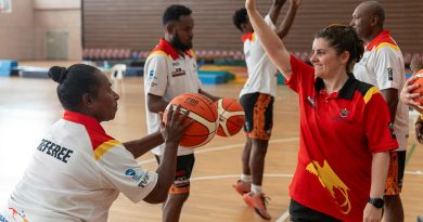 Lieutenant Jo Mercieca mentors local basketball coaches during an ADF Sports training program at the Taurama Aquatic and Indoor Centre, Papua New Guinea. Story by Squadron Leader Amanda Scott. Photos by Leading Seaman Matthew Lyall.