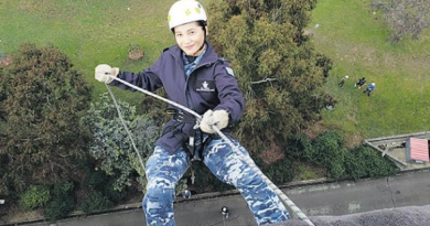 Leading Aircraftswoman Jill Magno abseils down the side of the Campbell Park Offices in Canberra. Story by Corporal Michael Rogers.