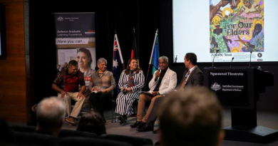 Defence Indigenous Elders speak during a panel for NAIDOC Week. From left, Air Force Warrant Officer Donald Taylor, Aunty Frances Visini, Aunty Lorraine Hatton, Uncle Phillip Bowie and John Love. Story and photo by Corporal Michael Rogers.