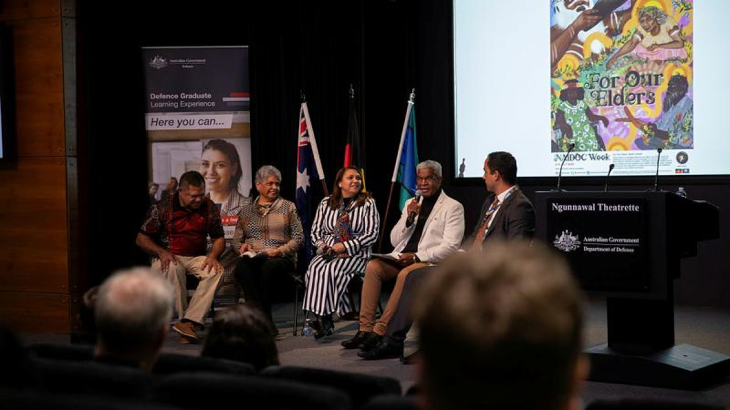 Defence Indigenous Elders speak during a panel for NAIDOC Week. From left, Air Force Warrant Officer Donald Taylor, Aunty Frances Visini, Aunty Lorraine Hatton, Uncle Phillip Bowie and John Love. Story and photo by Corporal Michael Rogers.