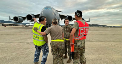 RAAF and USAF members work together during the arrival of a USAF C-17 Globemaster III into RAAF Base Townsville from Joint Base Charleston, South Carolina, as part of Exercise Mobility Guardian. Story and photo by Flight Lieutenant Tanya Carter.