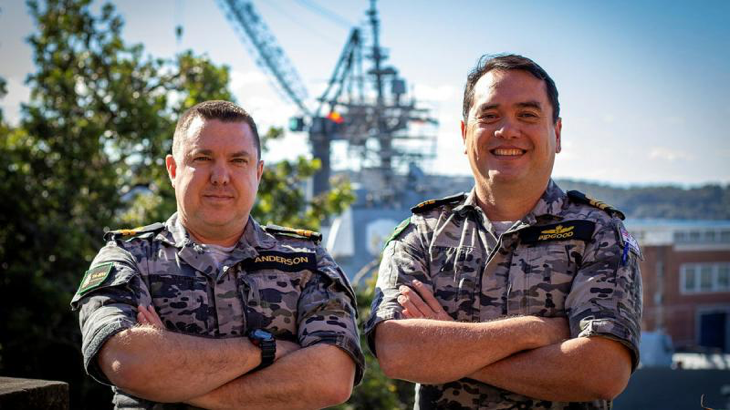 Information Warfare Officer instructors Lieutenant Martin Anderson, left, and Lieutenant Commander Ryan Bidgood, right. Story and photo by Sub-Lieutenant Cinaed Finall.