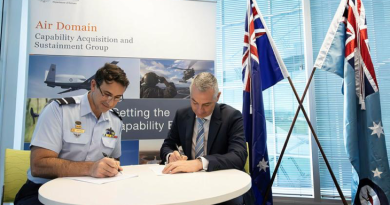 Air Commodore Steve Pesce and Steve Green sign a three-year contract to provide services as Air Domain's Aerospace Propulsion Centre of Expertise. Story by Group Captain David Mahoney. Photo by Private Nicholas Marquis.