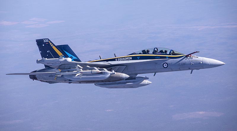 A Royal Australian Air Force E/A-18G Growler from No. 6 Squadron conducting a sortie during Exercise Talisman Sabre 23 over the Northern Territory. Photo by Leading Aircraftman Chris Tsakisiris.