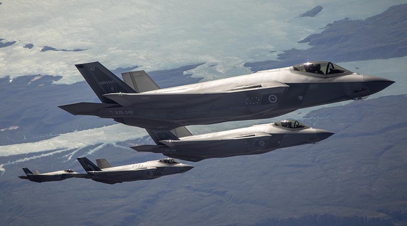 Four Royal Australian Air Force F-35A Lightning II's over northern Australia during Exercise Talisman Sabre 23. Photo by Sergeant Pete Gammie.