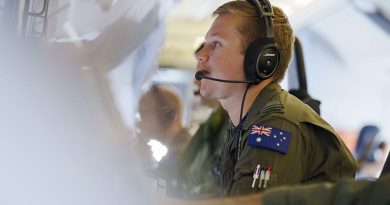 Royal Australian Air Force Flying Officer Harrison Mash coordinates a surveillance and reconnaissance bi-lateral training mission on board a RAAF P-8A Poseidon during a flight in Tamil Nadu, India, at the beginning of Indo-Pacific Endeavour 23. Photo by Corporal Robert Whitmore.