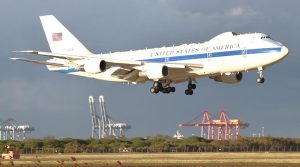 US Secretary of Defense Lloyd Austin's plane lands in Brisbane at the start of an official visit. Photos by CONTACT stringer Christabel Migliorini.