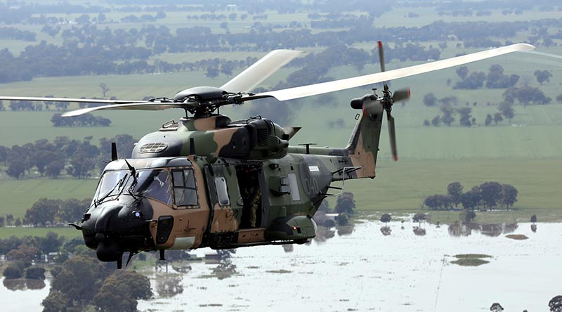 An Australian Army MRH90 Taipan conducts reconnaissance in Victoria during Operation Flood Assist 2022. Photo by Captain Carolyn Barnett.