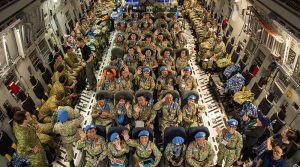 Peacekeepers from the Vietnam People's Army Level Two Field Hospital contingent - Rotation Five, onboard a Royal Australian Air Force C-17A Globemaster bound for South Sudan. Photo by Sergeant Nicci Freeman.