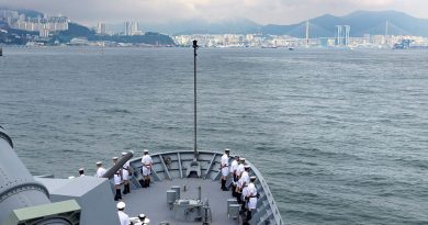 HMAS Anzac sailors line the forecastle as the ship arrives at Busan Naval Base, Republic of Korea during a regional presence deployment. Story by Lieutenant Max Logan. Photo by Leading Seaman Jarryd Capper.