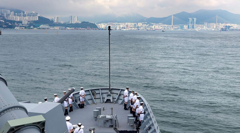 HMAS Anzac sailors line the forecastle as the ship arrives at Busan Naval Base, Republic of Korea during a regional presence deployment. Story by Lieutenant Max Logan. Photo by Leading Seaman Jarryd Capper.