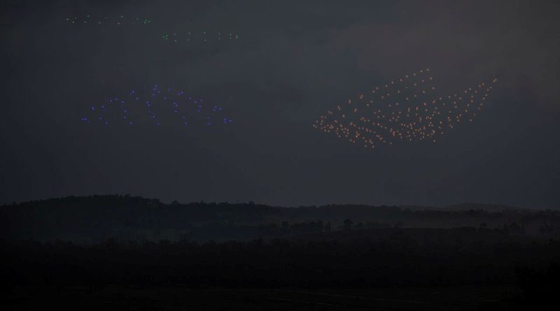 Drones flying above an enemy position demonstrate in concept surveillance (green), electronic warfare (blue), and attack (orange) capabilities during a human-machine team exercise at Puckapunyal Military Area. Story and photos by Sergeant Matthew Bickerton.