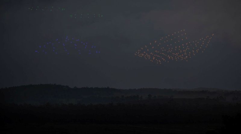 Drones flying above an enemy position demonstrate in concept surveillance (green), electronic warfare (blue), and attack (orange) capabilities during a human-machine team exercise at Puckapunyal Military Area. Story and photos by Sergeant Matthew Bickerton.