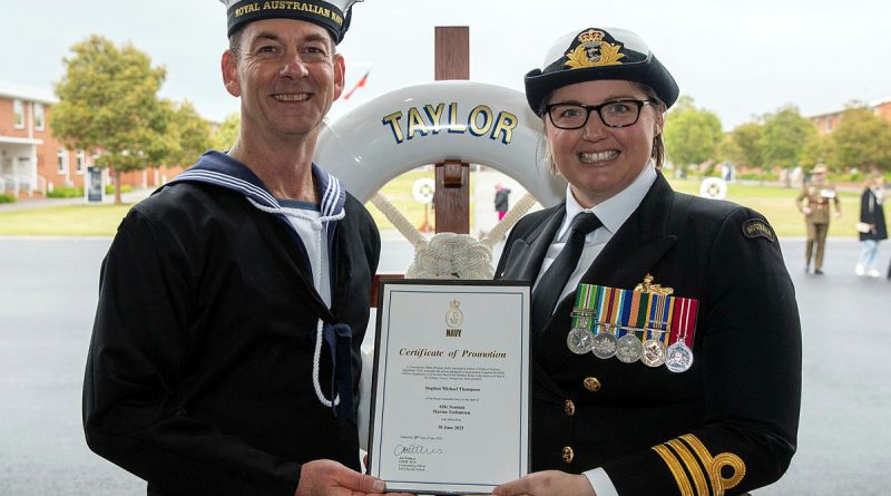 Commanding Officer Royal Australian Navy Recruit School, Commander Alisha Withers, right, promotes Seaman Stephen Thompson to the rank of Able Seaman, after the General Entry 413 Taylor Division graduation ceremony at HMAS Cerberus, Victoria. Photo by Leading Seaman James McDougall.