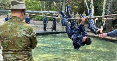 Patron of ADF Cadets General (retd) Sir Peter Cosgrove watches the Australian Air Force Cadets team complete the rope crawl obstacle in the confidence course at the Chief of Army Cadet Team Challenge at Kokoda Barracks, Queensland. Story by Tamara Robinson. Photo by Chris McGrane