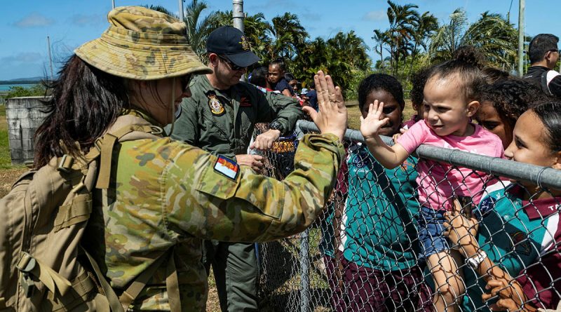 Corporal Jordan Oakley and Corporal Ashleigh Shannon greet members of the Badu Island community, during Exercise Coastwatcher Wallaby 23. Story by Corporal Jordan Oakley and Corporal Ashleigh Shannon greet members of the Badu Island community, during Exercise Coastwatcher Wallaby 23. Photos: Private Dean Armstrong. Photos by Private Dean Armstrong.