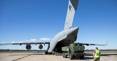 A high mobility artillery rocket system is loaded on C-17A Globemaster in preparation for Exercise Highball at RAAF Base Amberley, Queensland. Story by Major Cam Jamieson. Photo by Leading Aircraftwoman Taylor Anderson.