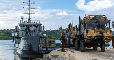 An Australian Army vehicle reception party from the 3rd Combat Engineer Regiment move stores from HMPNGS Cape Gloucester onto Manus Island, in support of Exercise Puk Puk 2023. Story by Lieutenant Carolyn Martin. Photo by Corporal Lisa Sherman.