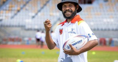 Derrick Akes at a rugby union refereeing course during an ADF Sports training program at the Sir John Guise Stadium, Port Moresby, Papua New Guinea. Story by Squadron Leader Amanda Scott. Photos by Leading Seaman Matthew Lyall.