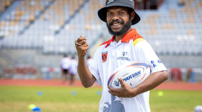 Derrick Akes at a rugby union refereeing course during an ADF Sports training program at the Sir John Guise Stadium, Port Moresby, Papua New Guinea. Story by Squadron Leader Amanda Scott. Photos by Leading Seaman Matthew Lyall.