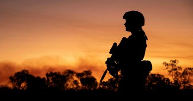 Australian Army soldiers from units across 13th Brigade work with security elements of the Royal Australian Air Force protecting people and critical infrastructure at RAAF Base Curtin as part of Exercise Talisman Sabre 2023 at Derby, Western Australia. Photo by Corporal Janet Pan.