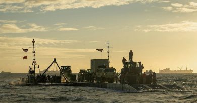 A US Army floating causeway approaches the shore in Bowen North Queensland during Exercise Talisman Sabre, marking the opening of joint logistics over the shore activities. Story and photos by Corporal Jacob Joseph.