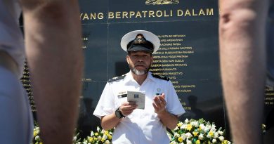 Royal Australian Navy Imam Mogamat Majidih Essa conducts a prayer on a visit to the KRI Nanggala Memorial in Surabaya Indonesia during Indo-Pacific Endeavour 2023. Story by Lieutenant Emily Tinker. Photo by Sergeant Craig Barrett.