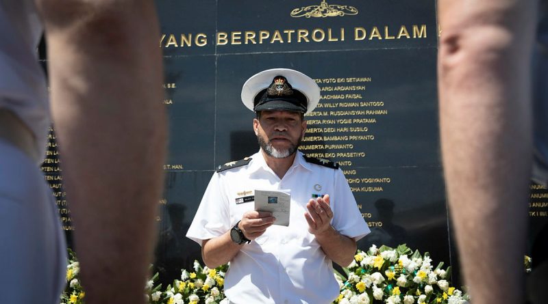 Royal Australian Navy Imam Mogamat Majidih Essa conducts a prayer on a visit to the KRI Nanggala Memorial in Surabaya Indonesia during Indo-Pacific Endeavour 2023. Story by Lieutenant Emily Tinker. Photo by Sergeant Craig Barrett.