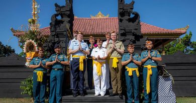 ADF chaplains Rainer Schack, Andrew Robinson, Christopher Buckley-Wilkshire, Imam, Mogamat Majidih Essa and Commander Mark Graichen visit a Hindu temple with members of the Indonesian Navy in Surabaya, Indonesia, during Indo-Pacific Endeavour 2023. Story by Lieutenant Emily Tinker. Photos by Sergeant Craig Barrett.