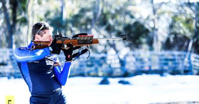 Flight Lieutenant Carl Trindorfer takes aim during Exercise Coolshot 2023 at Mount Hotham, Victoria. Story by Wing Commander Michelle Oakden. Photo by Trooper Joseph Bruce.