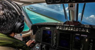 A Royal Australian Air Force KA350 King Air conducts maritime surveillance over Tuvalu during Operation Solania 23-3. Story by Corporal Melina Young. Photo by Corporal Melina Young.