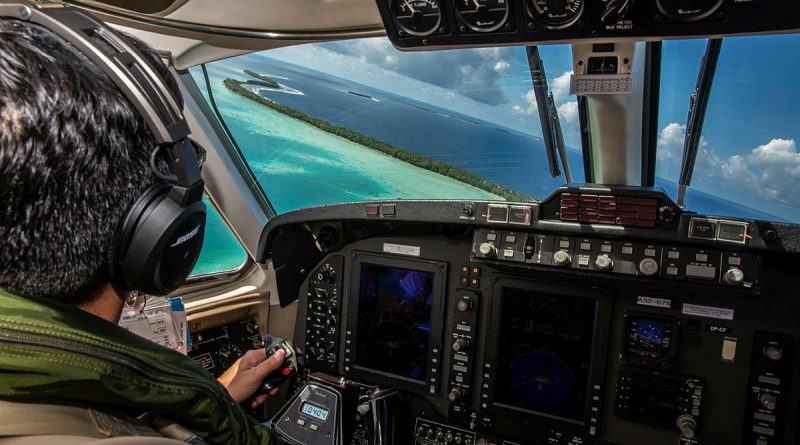 A Royal Australian Air Force KA350 King Air conducts maritime surveillance over Tuvalu during Operation Solania 23-3. Story by Corporal Melina Young. Photo by Corporal Melina Young.
