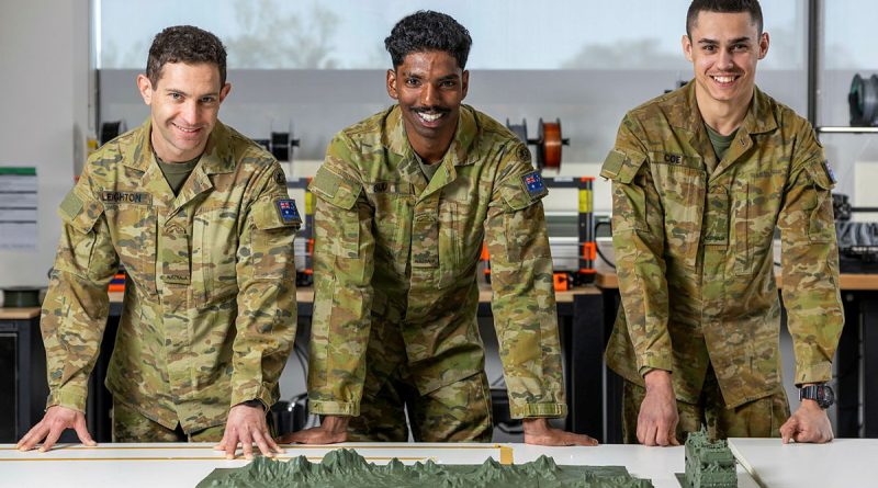 From left, Army Privates Robert Leighton, Adithya Biju and Lachlan Coe, from the School of Military Engineering, create 3D models at the Makerspace facility at Holsworthy Barracks, Sydney. Story and photos by Sergeant Brodie Cross.