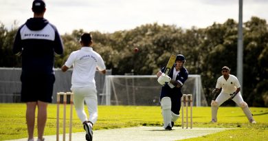 Warrant Officer Corey Evans hits the ball as personnel from the Indian and Australian navies compete in a game of cricket as part of Exercise Malabar’s shore phase in Sydney, NSW. Story by Sub-Lieutenant Tahlia Merigan. Photo by Leading Seaman David Cox.