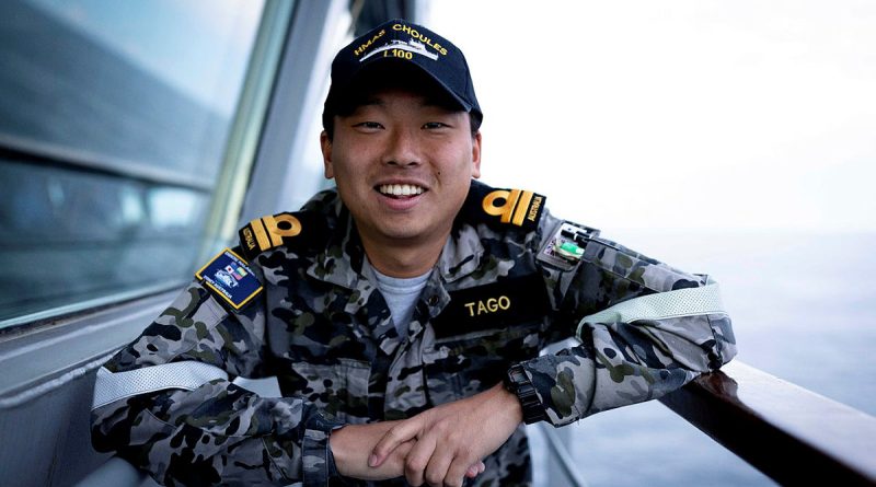 Lieutenant Kento Tago on the bridge of HMAS Choules during Exercise Malabar, NSW. Story by Sub-Lieutenant Tahlia Merigan. Photo by Leading Seaman David Cox.