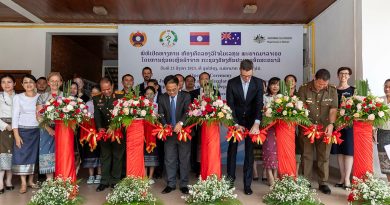 Australian and Laos VIP representatives cut the ribbons to officially open the joint Australia-Laos Molecular Malaria Laboratory in Ventiane, Laos during Indo-Pacific Endeavour 2023. Story by Flight Lieutenant Nick O’Connor. Photo by Leading Aircraftwoman Annika Smit.