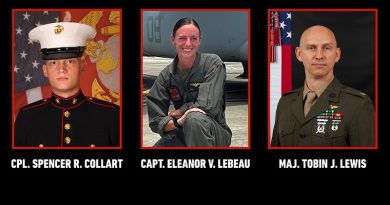 The names of those killed in the MV-22 Osprey crash in the Tiwi Islands are: Cpl. Spencer R. Collart, 21, of Arlington, Virginia, MV-22B Osprey crew chief. Capt. Eleanor V. LeBeau, 29, of Belleville, Illinois, MV-22B Osprey pilot. Maj. Tobin J. Lewis, 37, of Jefferson, Colorado, Executive Officer of VMM-363.