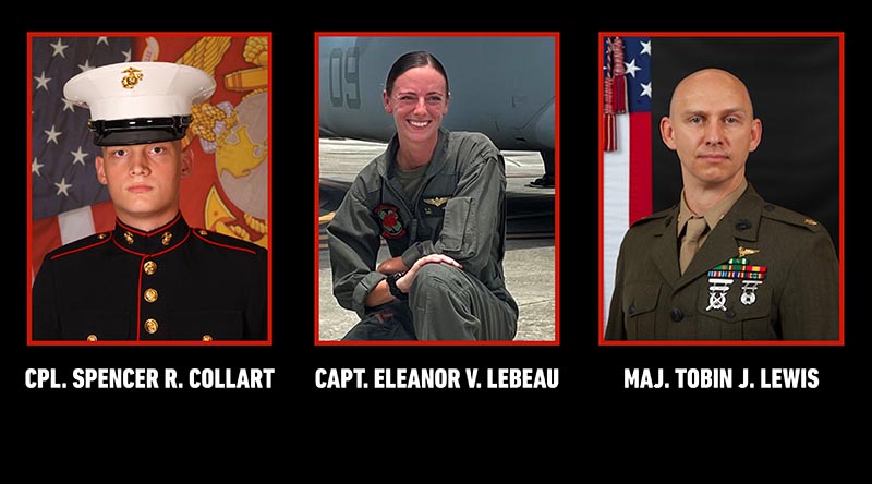 The names of those killed in the MV-22 Osprey crash in the Tiwi Islands are: Cpl. Spencer R. Collart, 21, of Arlington, Virginia, MV-22B Osprey crew chief. Capt. Eleanor V. LeBeau, 29, of Belleville, Illinois, MV-22B Osprey pilot. Maj. Tobin J. Lewis, 37, of Jefferson, Colorado, Executive Officer of VMM-363.