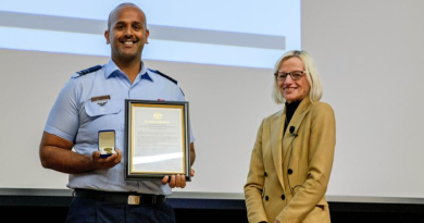 Flight Lieutenant Shiva Tejwani is presented with a Gold Defence Commendation for Technical Member of the Year by First Assistant Secretary Major Surface Combatants & Combat Systems Sheryl Lutz at the EngTech 23 Conference at the Australian Defence Force Academy in Canberra. Story by Private Nicholas Marquis.