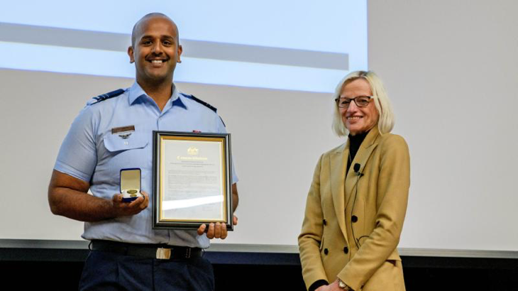 Flight Lieutenant Shiva Tejwani is presented with a Gold Defence Commendation for Technical Member of the Year by First Assistant Secretary Major Surface Combatants & Combat Systems Sheryl Lutz at the EngTech 23 Conference at the Australian Defence Force Academy in Canberra. Story by Private Nicholas Marquis.