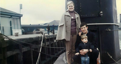 Chief Petty Officer Simon Steyn with his mother Jackie and father Nick on HMAS Onslow in the UK, prior to the O-boat arriving in Australia in 1969.