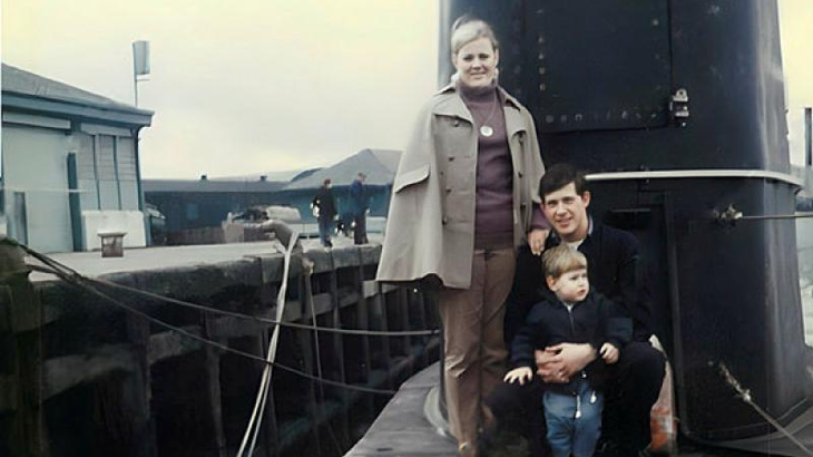 Chief Petty Officer Simon Steyn with his mother Jackie and father Nick on HMAS Onslow in the UK, prior to the O-boat arriving in Australia in 1969.