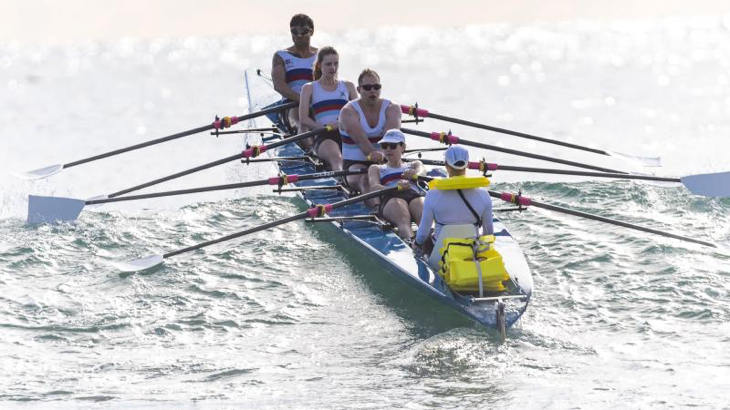 From left, Lieutenant Commander Lachlan Darrow, Seaman Caitlin Hartley, Major Matthew Jones, Squadron Leader Sarelle Woodward and Musician Benjamin Lim at the Australian Coastal Rowing and Beach Sprints Championships at Mooloolaba, Queensland. Story by Private Nicholas Marquis.