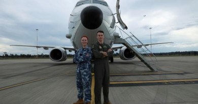 Leading Aircraftwoman Buj Nike and Flying Officer Lincoln Rolfe stand in front of a P-8A Poseidon aircraft at RAAF Base Amberley. Story by Flight Lieutenant Claire Burnet. Photo by Private Dean Armstrong