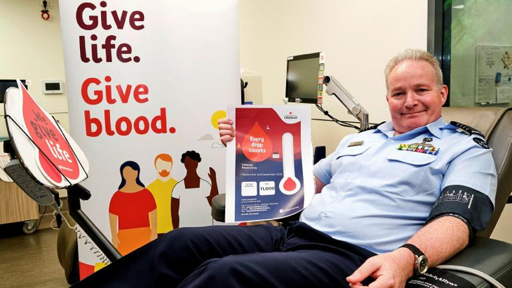 Defence Blood Drive Ambassador Group Captain Mike Burgess-Orton at Red Cross Lifeblood. Story by John Noble. Photo by Flight Sergeant Kev Berriman.