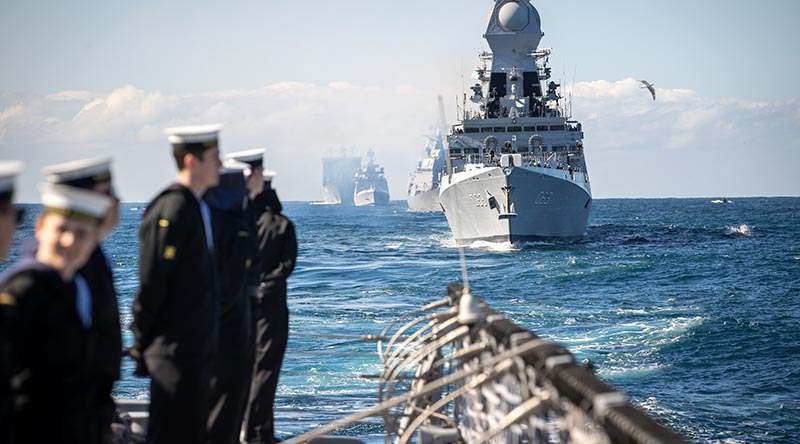 HMAS Brisbane's ship’s company observe the Sydney Harbour fleet entry for Exercise Malabar 2023. Photo by Leading Seaman Matthew Lyall.